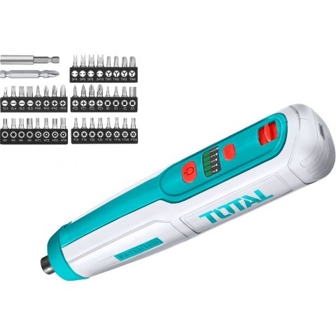 Total Мини акумулаторна отвертка, 4 V, USB зареждане, с комплект битове TOTAL Total Мини акумулаторна отвертка, 4 V, USB зареждане, с комплект битове TOTAL