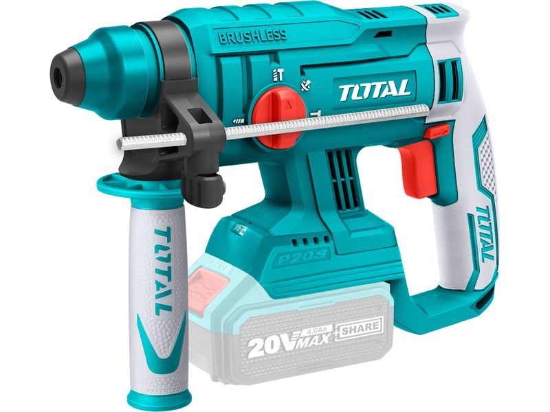 Акумулаторен въртящ се чук Total, SDS Plus, безчетков, 20 V Li-Ion, 2000 mAh, 1,5 J, без батерия и зарядно устройство, индустриален Акумулаторен въртящ се чук Total, SDS Plus, безчетков, 20 V Li-Ion, 2000 mAh, 1,5 J, без батерия и зарядно устройство, индустриален